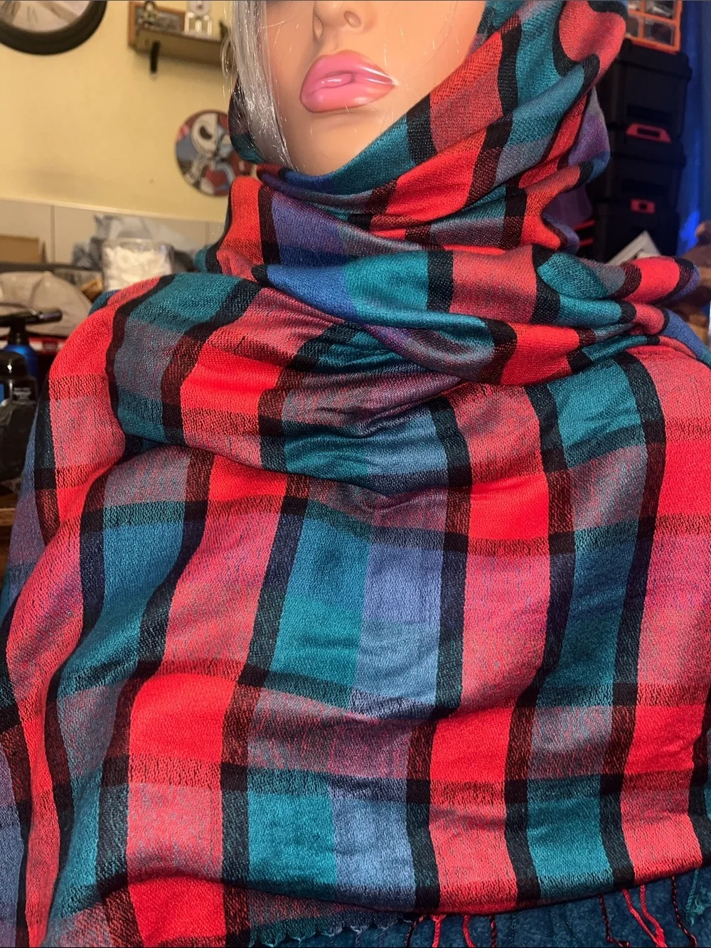 Plaid Red & Teal Women’s Pashmina scarf with Fringe Viscose Blend S27
